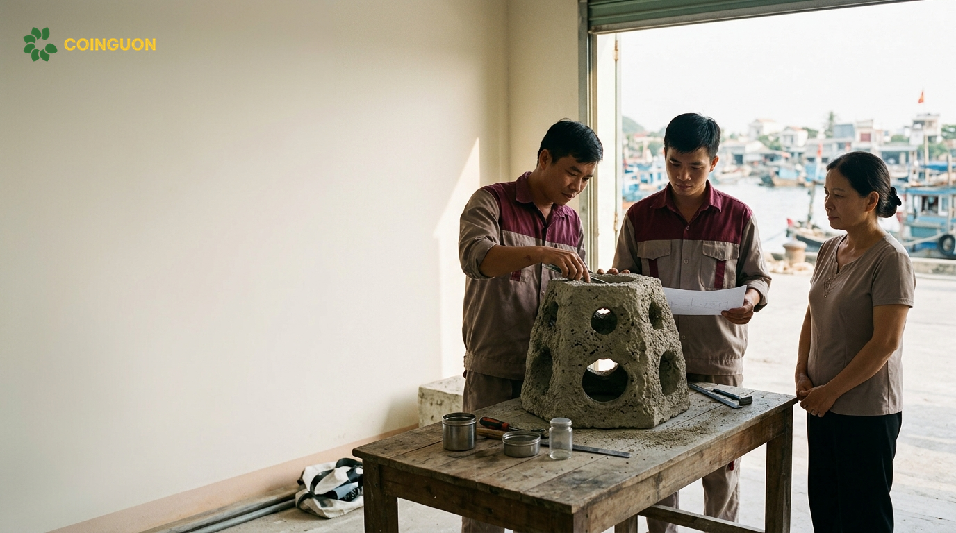 Kỹ thuật viên chuẩn bị cấu kiện rạn san hô nhân tạo phục vụ công trình tưởng niệm dưới biển - Cội Nguồn ORA