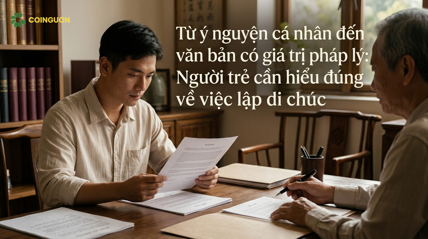 Người trẻ Việt Nam cẩn trọng đọc và ký văn bản trong không gian làm việc yên tĩnh, minh họa việc chuyển ý nguyện cá nhân thành di chúc cần đáp ứng yêu cầu pháp lý.