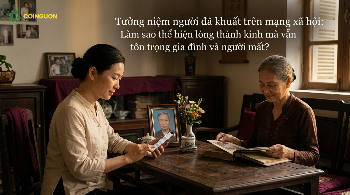 Người thân thận trọng viết lời tưởng niệm trên điện thoại bên cạnh ảnh gia đình, thể hiện lòng thành kính và tôn trọng quyền riêng tư - Cội Nguồn ORA