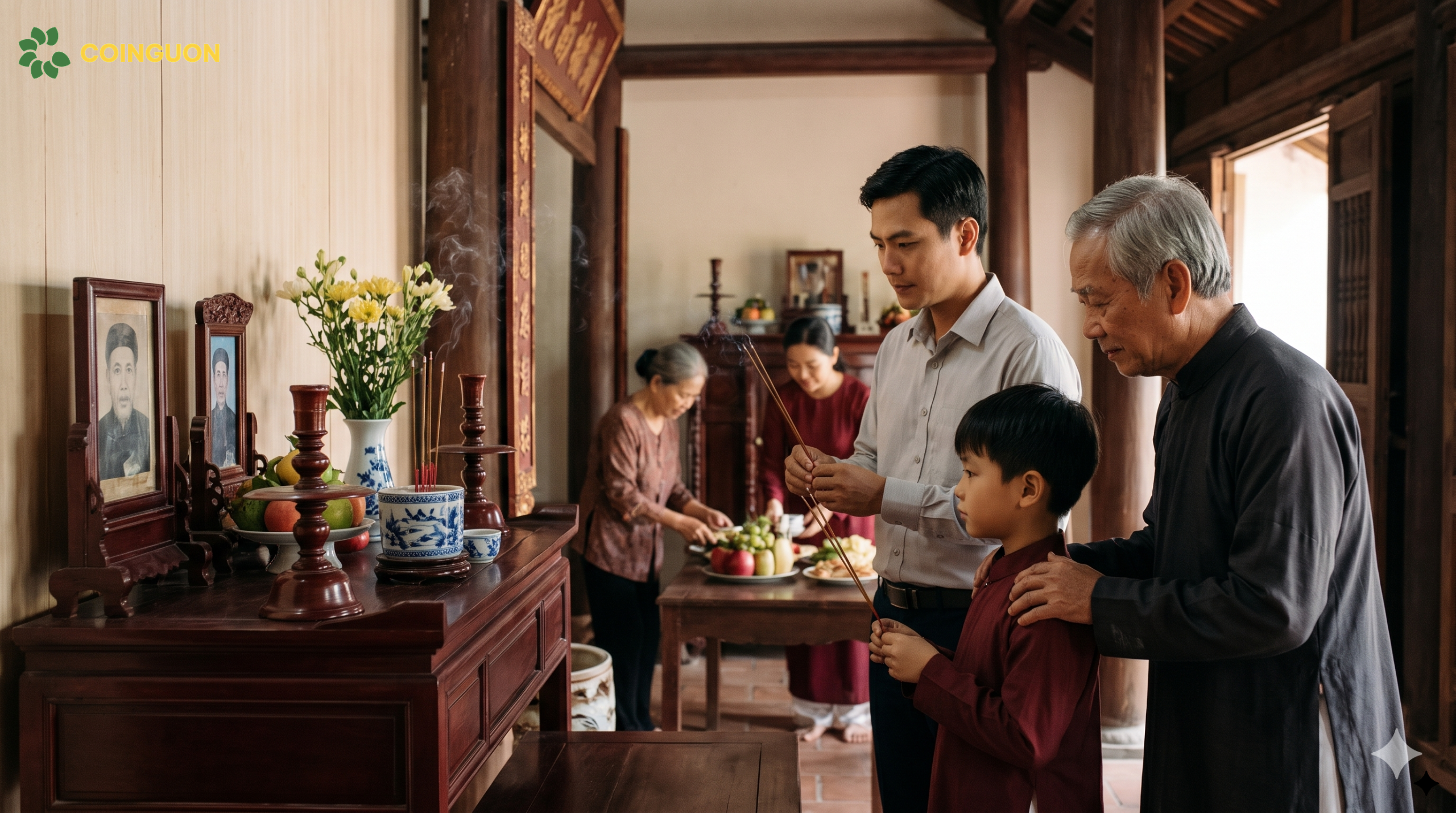 Ba thế hệ trong gia đình Việt cùng thực hiện nghi thức dâng hương tưởng nhớ tổ tiên và gìn giữ gia phong - Cội Nguồn ORA