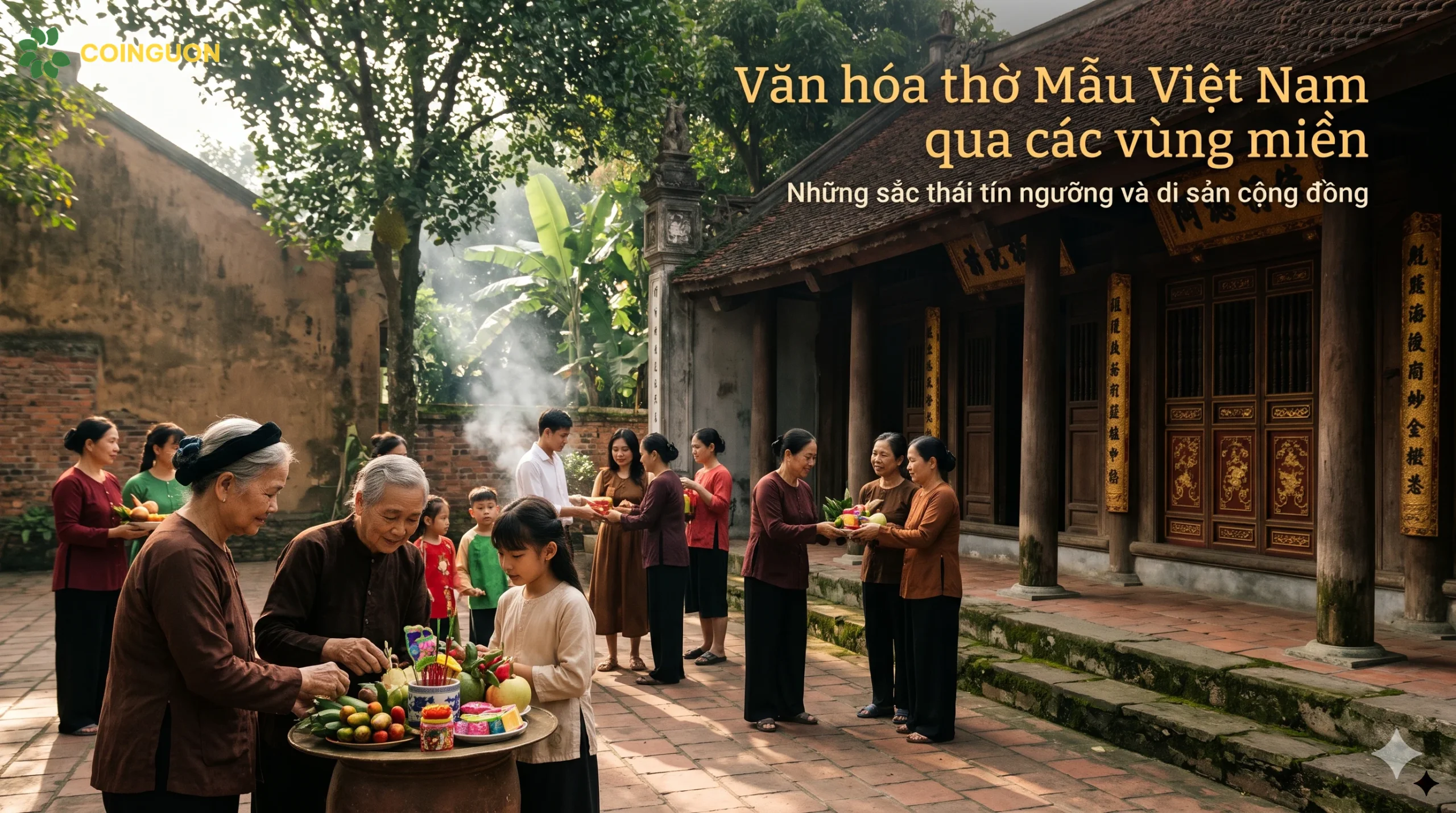 Các thế hệ người Việt cùng tham gia sinh hoạt văn hóa tại sân đền truyền thống, thể hiện sự đa dạng vùng miền và vai trò cộng đồng trong gìn giữ tín ngưỡng thờ Mẫu - Cội Nguồn ORA