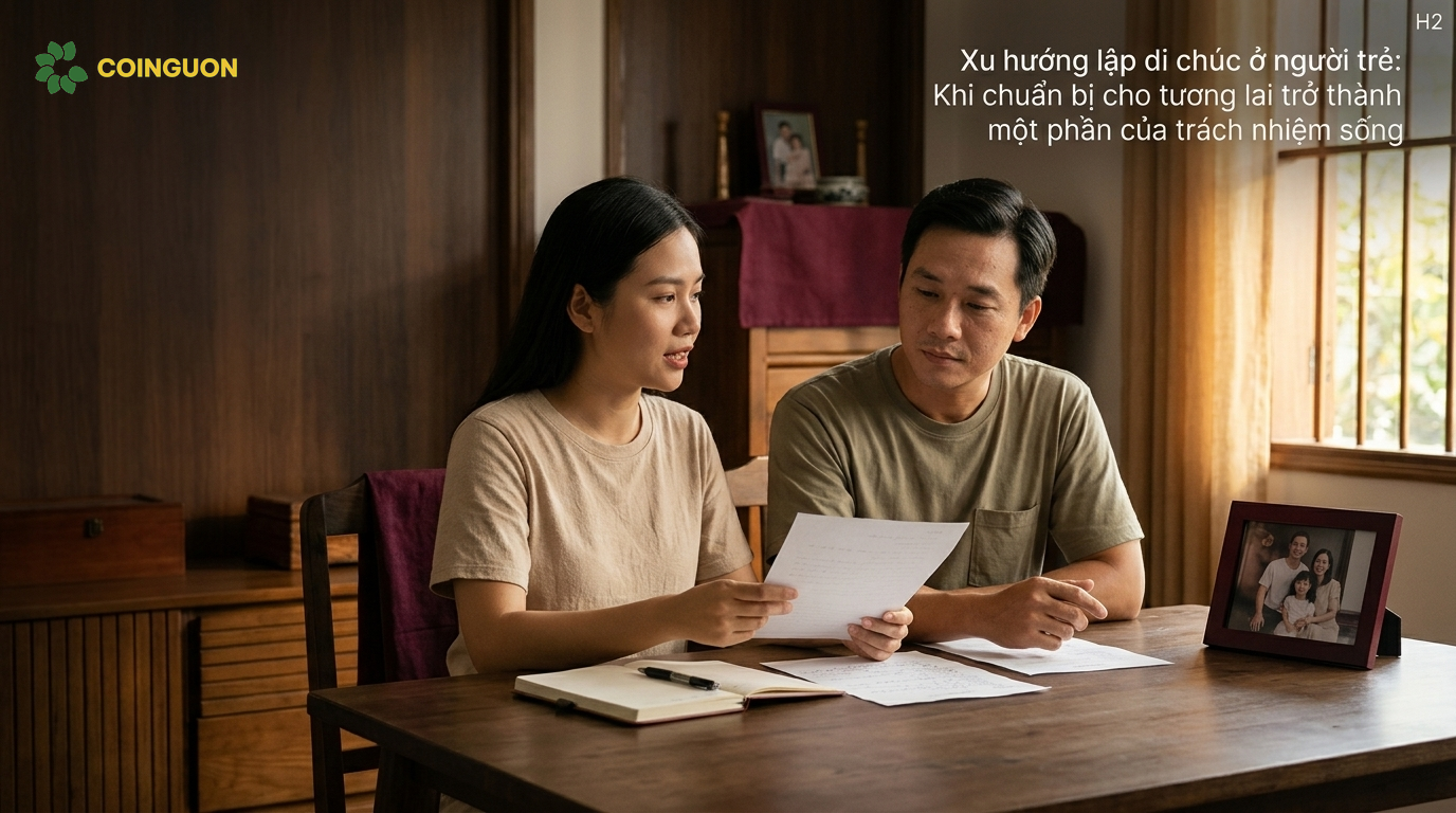 Một cặp vợ chồng trẻ Việt Nam cùng trao đổi về kế hoạch tương lai và trách nhiệm với gia đình trong không gian sống ấm áp, thể hiện xu hướng lập di chúc ở người trẻ.