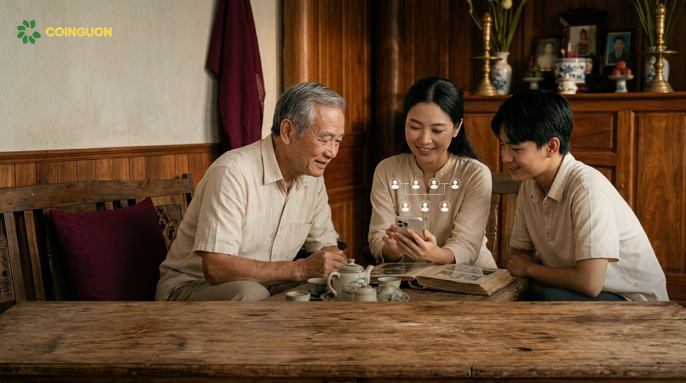 Gia đình nhiều thế hệ người Việt cùng xem cây gia phả số trên điện thoại trong không gian ấm cúng, thể hiện trách nhiệm, đạo hiếu và gìn giữ giá trị gia đình với sự hỗ trợ của công nghệ.