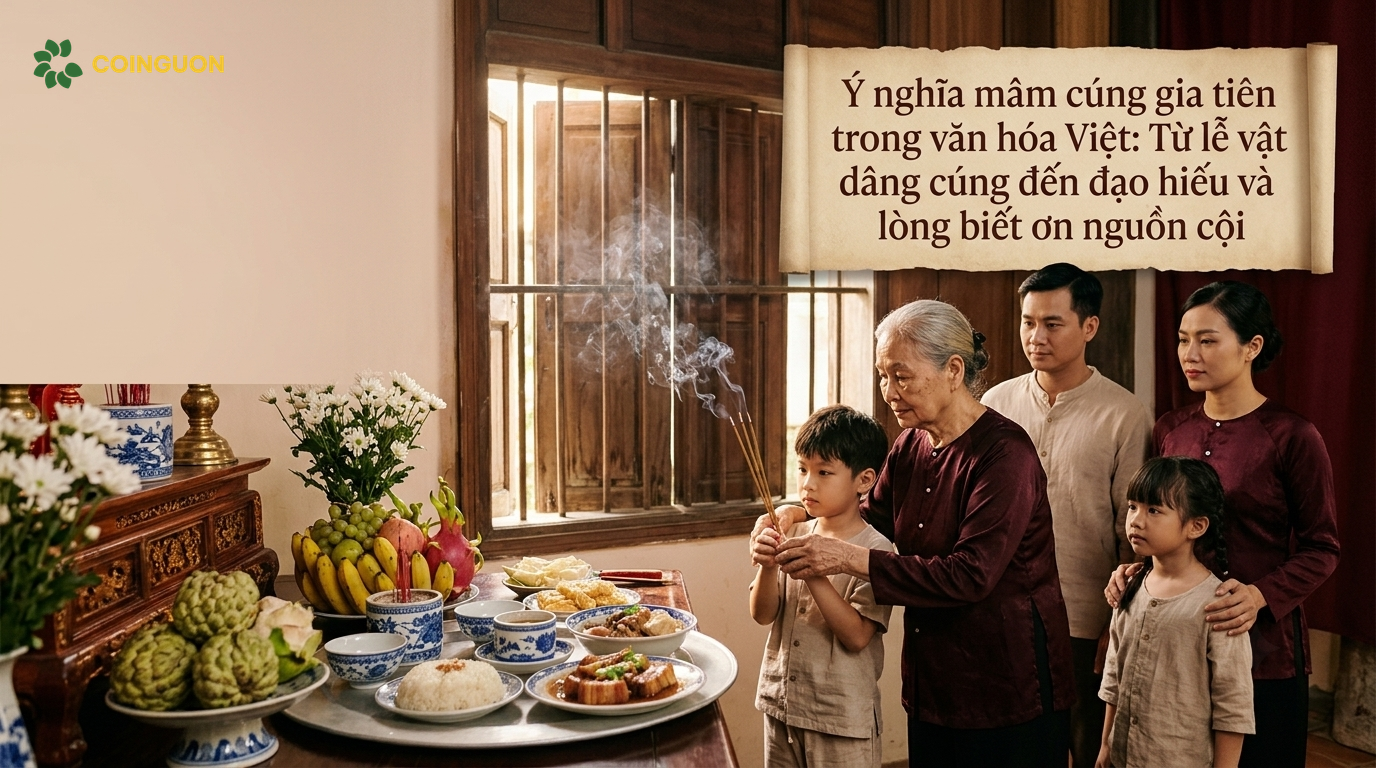 Ý nghĩa mâm cúng gia tiên trong văn hóa Việt qua hình ảnh gia đình ba thế hệ thành kính dâng hương, gìn giữ đạo hiếu và lòng biết ơn nguồn cội - Cội Nguồn ORA